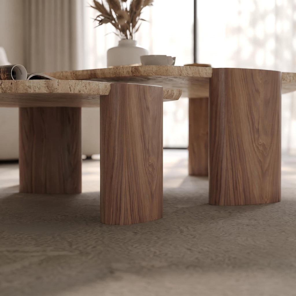 Bay Furniture Travertine Pebble-Form Nesting Coffee Table Set with Walnut Cylinder Legs
