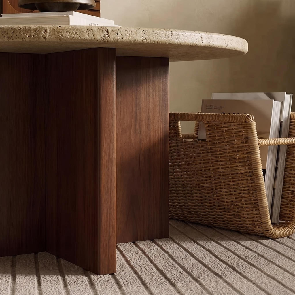 Bay Furniture Travertine Round Coffee & Side Table Set with Wide Cross-Panel Walnut Base