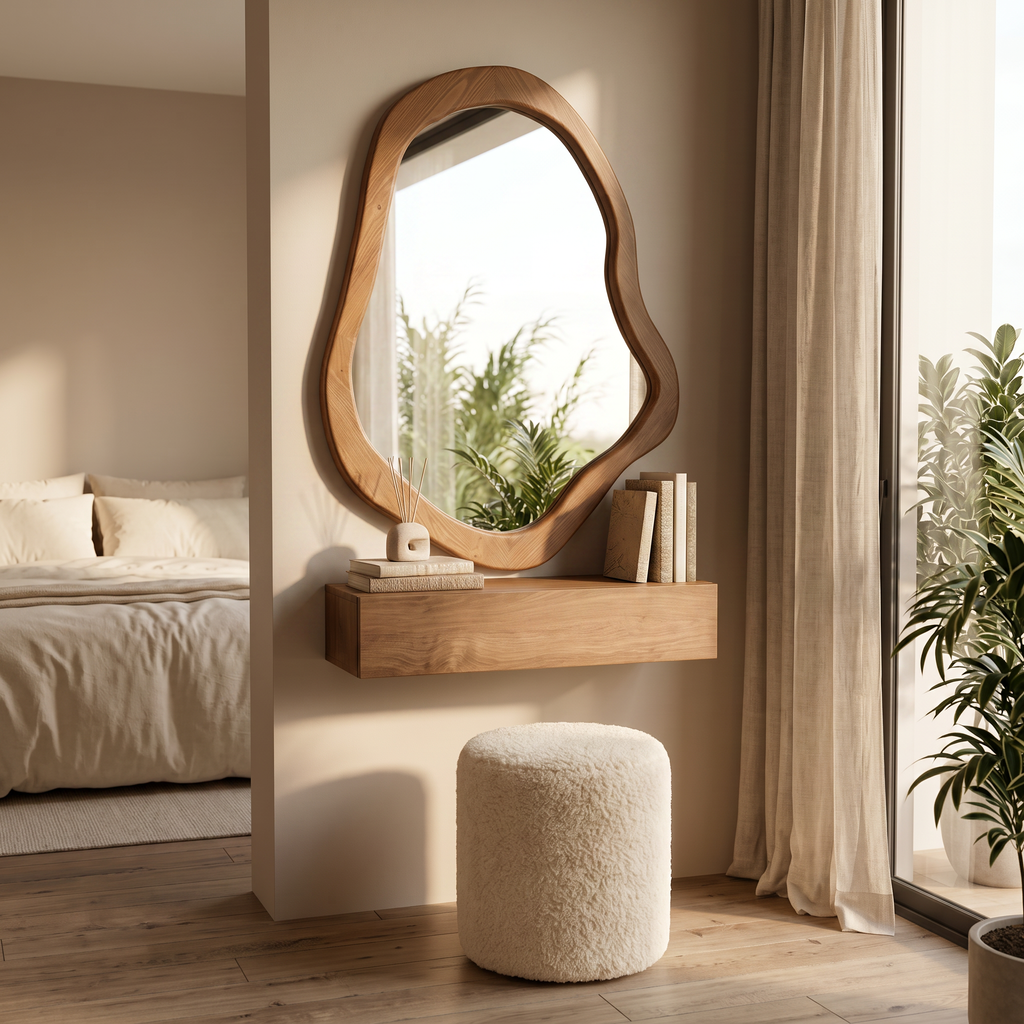 Bay Furniture Organic-Mirror Wall-Mounted Dressing Table Set with Bouclé Stool