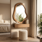 Bay Furniture Organic-Mirror Wall-Mounted Dressing Table Set with Bouclé Stool