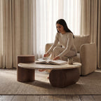 Bay Furniture Travertine Oval Coffee Table & Walnut Drum Side Table Set