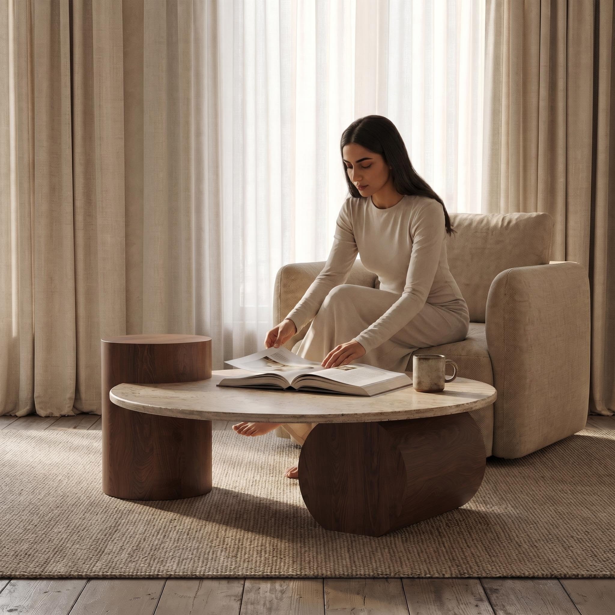 Bay Furniture Travertine Oval Coffee Table & Walnut Drum Side Table Set