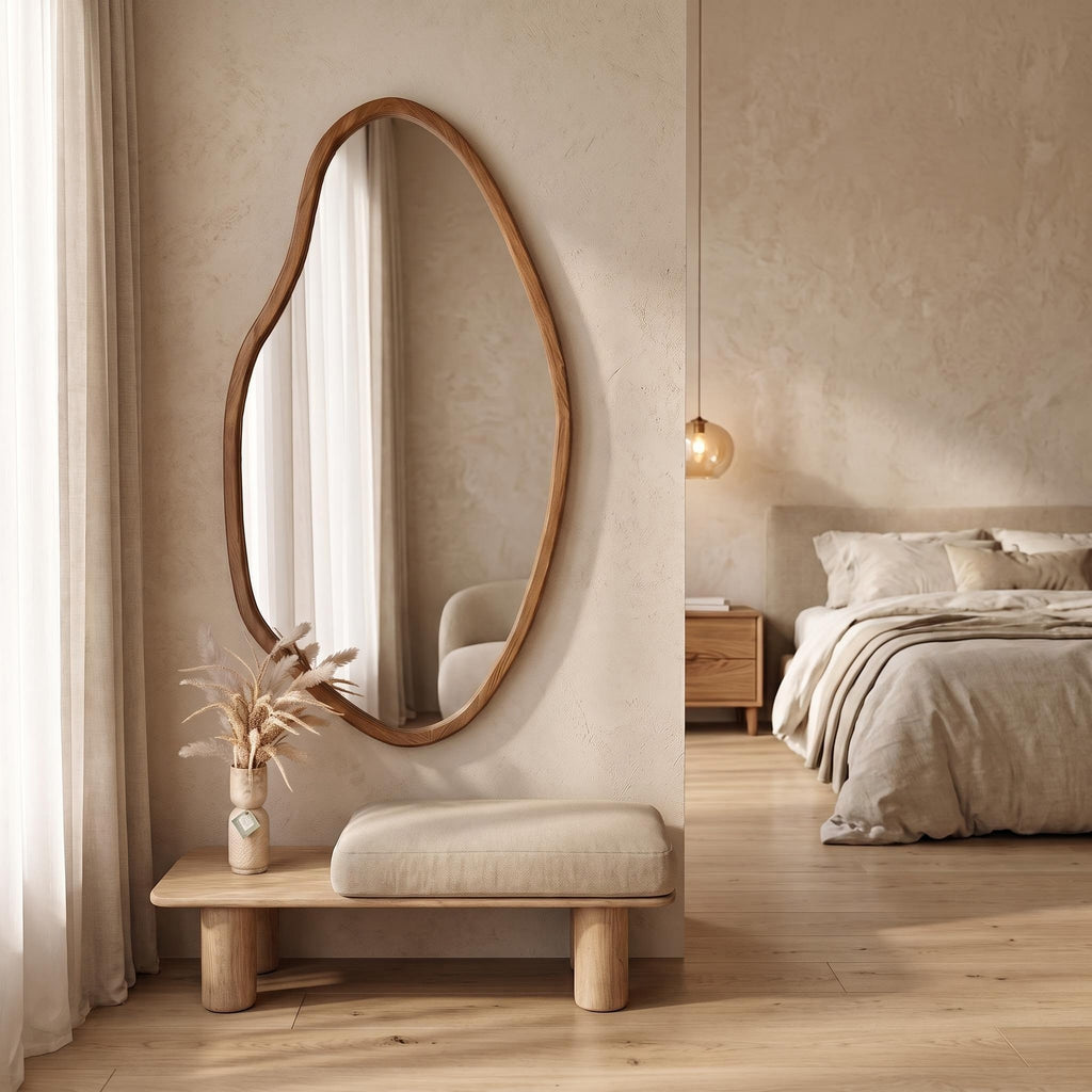Organic Mirror & Walnut Bench Set – Bouclé Cushion | Bay Furniture