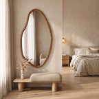 Organic Mirror & Walnut Bench Set – Bouclé Cushion | Bay Furniture