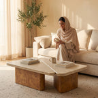 Bay Furniture Travertine Rounded-Rectangle Coffee Table Set with Burl Wood Plinth Base