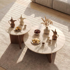 Bay Furniture Round Stone Nesting Coffee Table Set with Cross-Base Walnut Pedestals