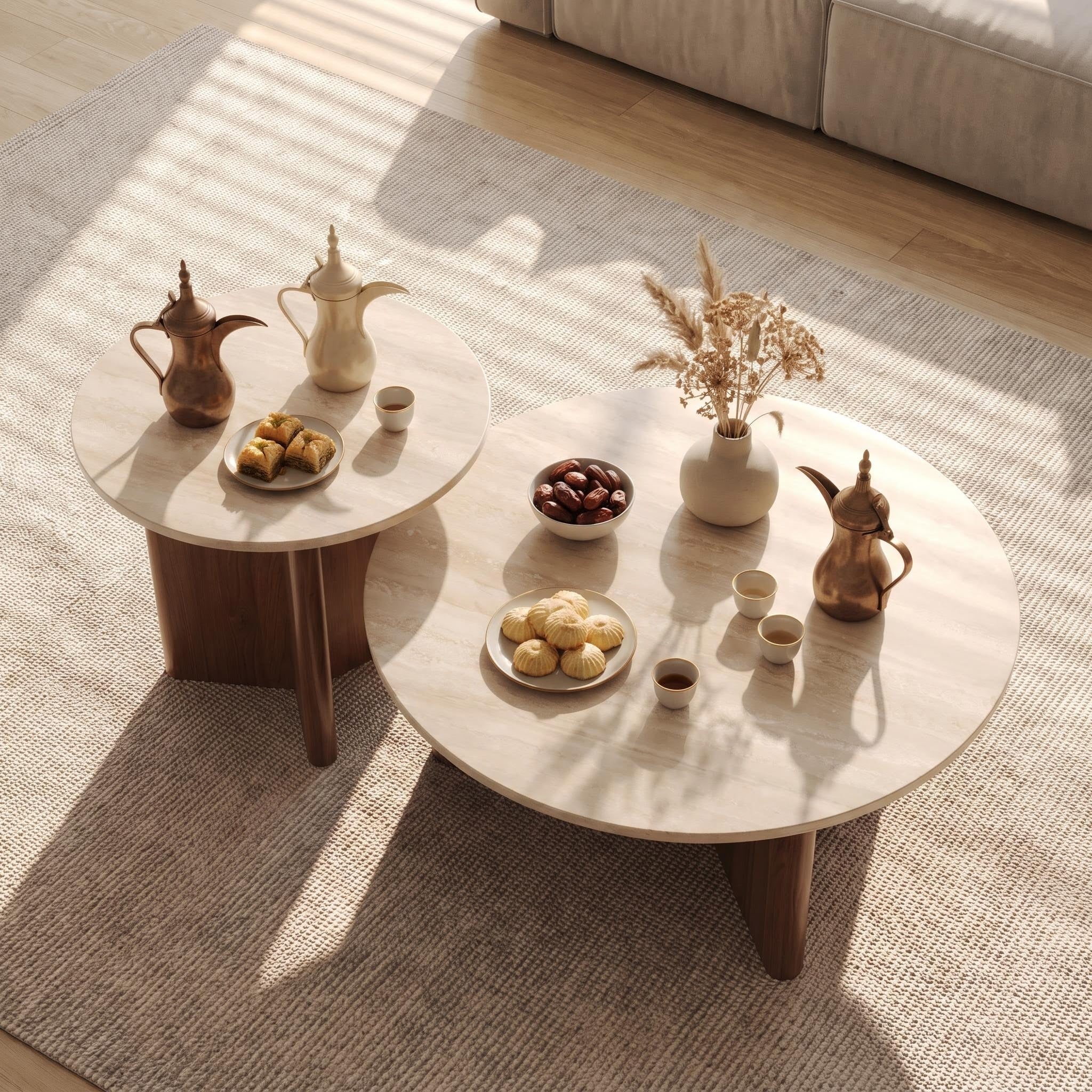 Bay Furniture Round Stone Nesting Coffee Table Set with Cross-Base Walnut Pedestals