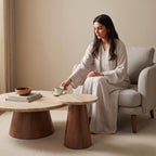 Bay Furniture Travertine Round Coffee & Side Table Set with Walnut Cone Pedestal