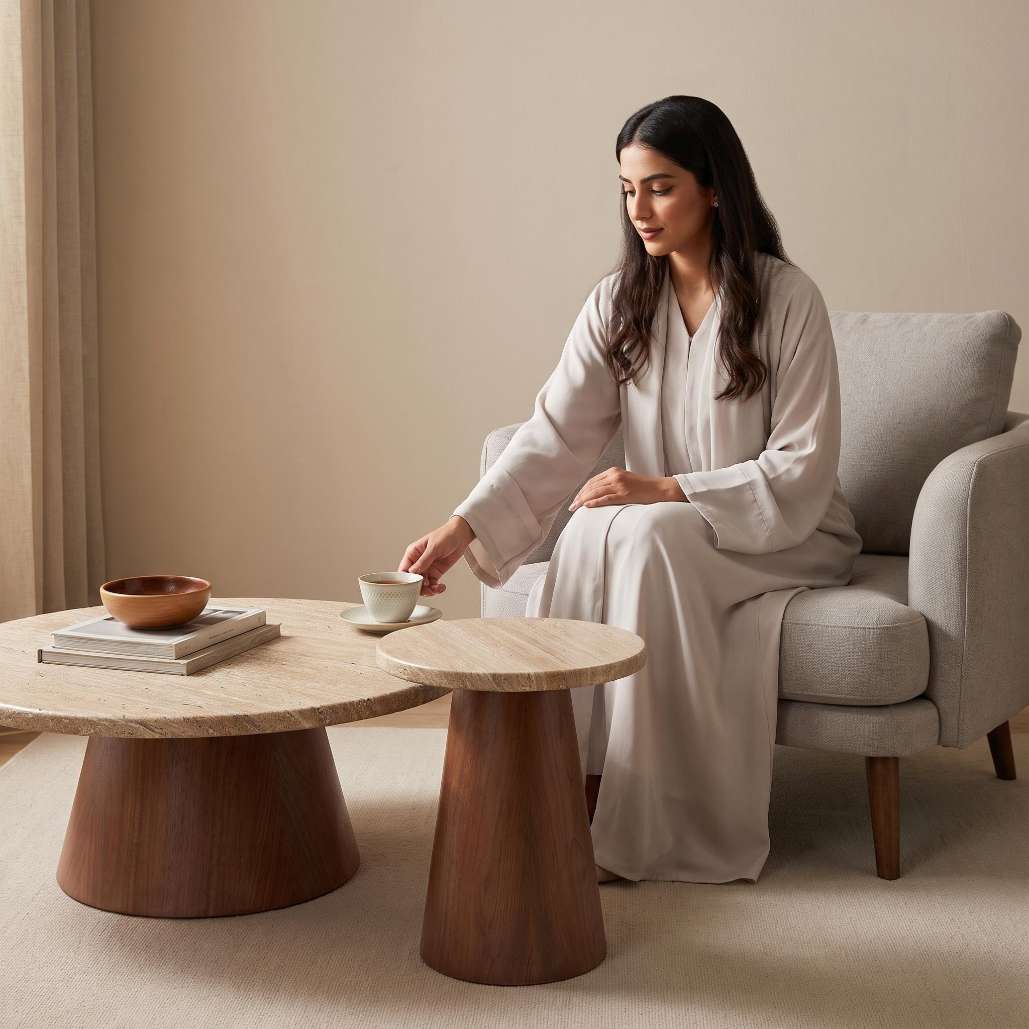 Bay Furniture Travertine Round Coffee & Side Table Set with Walnut Cone Pedestal