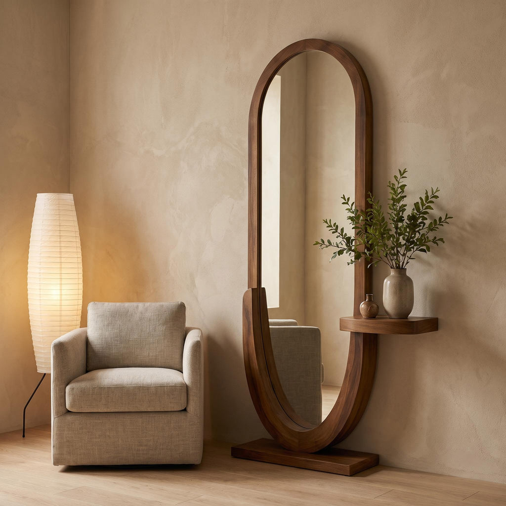 Bay Furniture Oval Standing Floor Mirror with Side Shelf