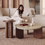 Bay Furniture Travertine Round Coffee Table & Walnut Side Table Set with Arch-Panel Base