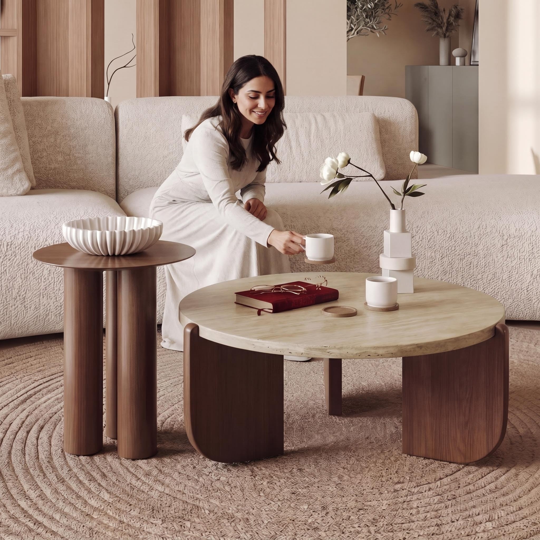 Bay Furniture Travertine Round Coffee Table & Walnut Side Table Set with Arch-Panel Base