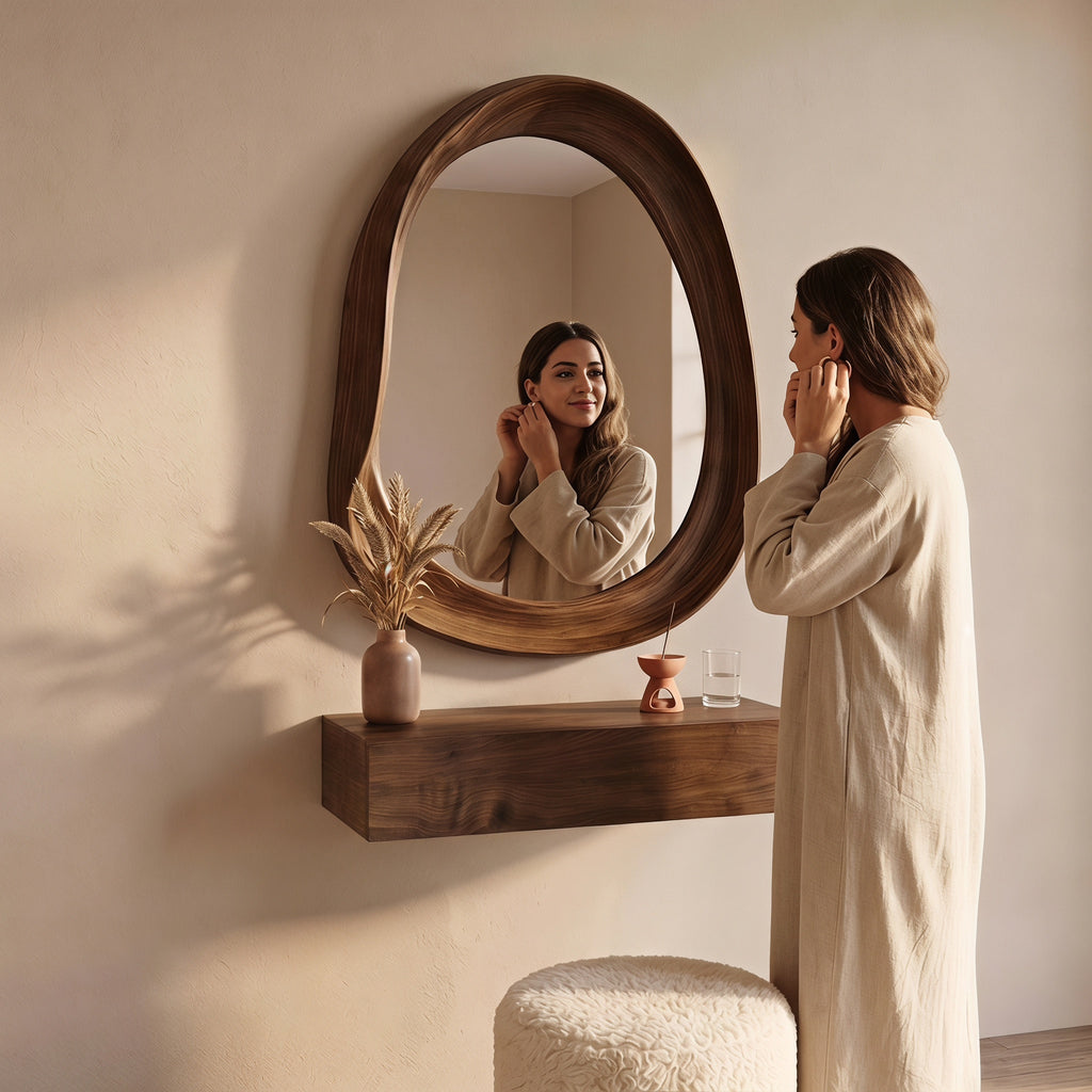 Organic Mirror, Floating Shelf & Stool Set – Walnut | Bay Furniture