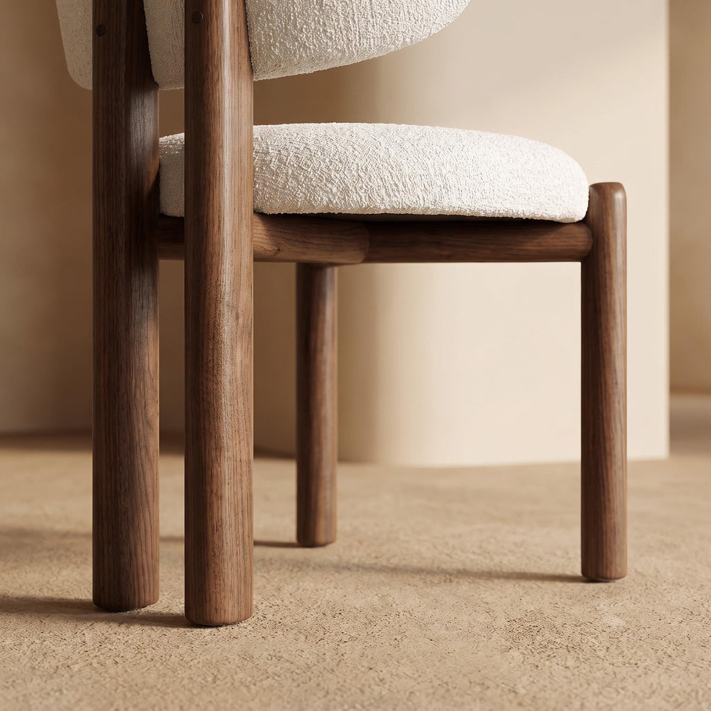 Bay Furniture Round-Back Bouclé Dining Chair with Walnut Cylinder Legs