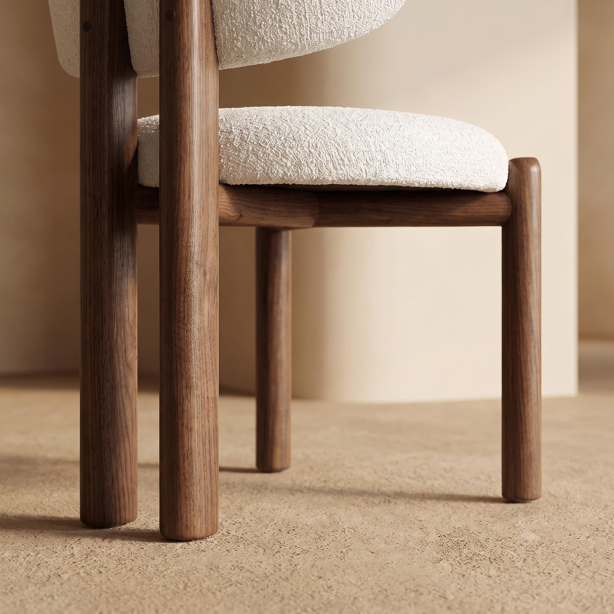 Bay Furniture Round-Back Bouclé Dining Chair with Walnut Cylinder Legs