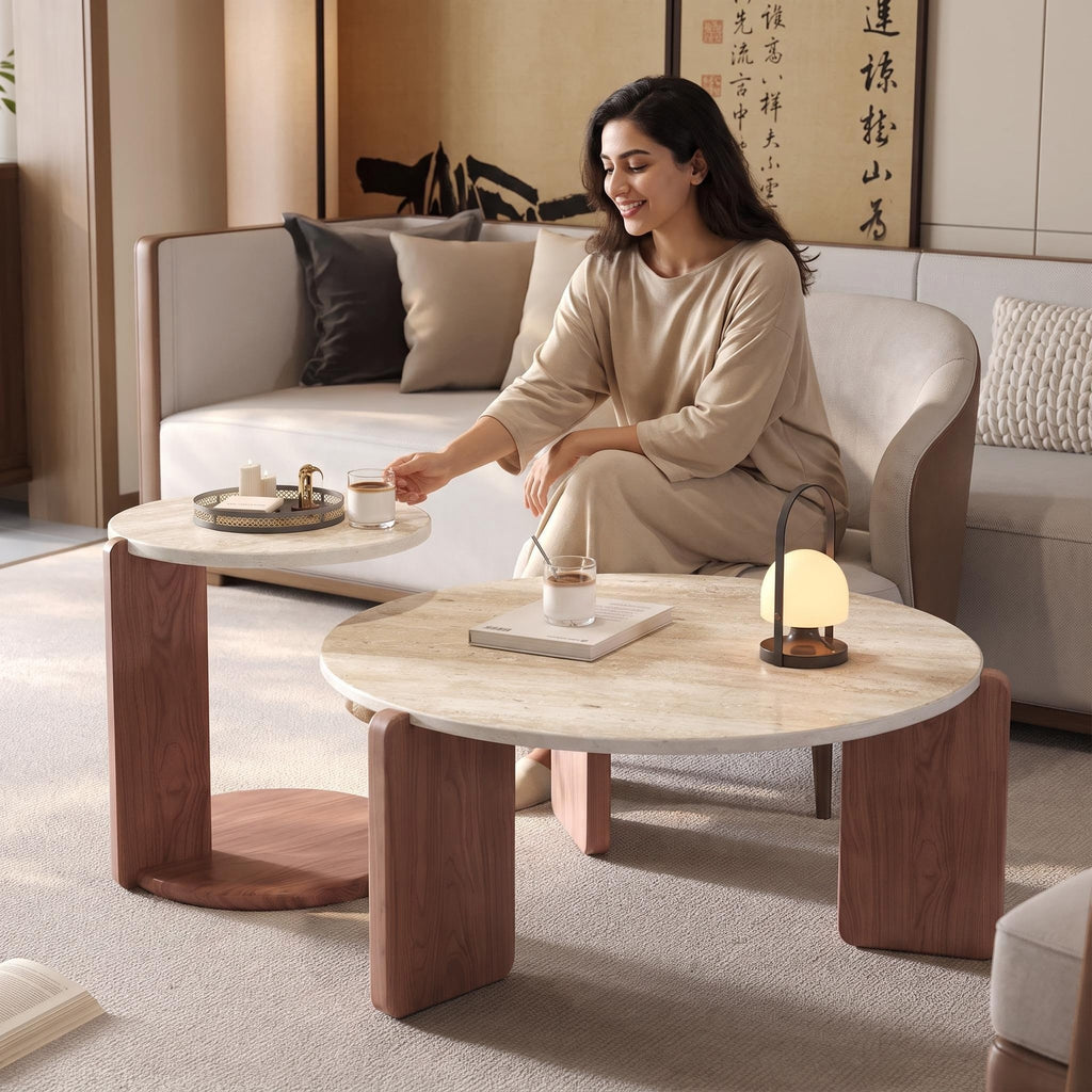 Bay Furniture Travertine Round Coffee & Side Table Set with Arch-Leg Walnut Base