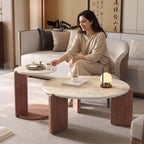 Bay Furniture Travertine Round Coffee & Side Table Set with Arch-Leg Walnut Base