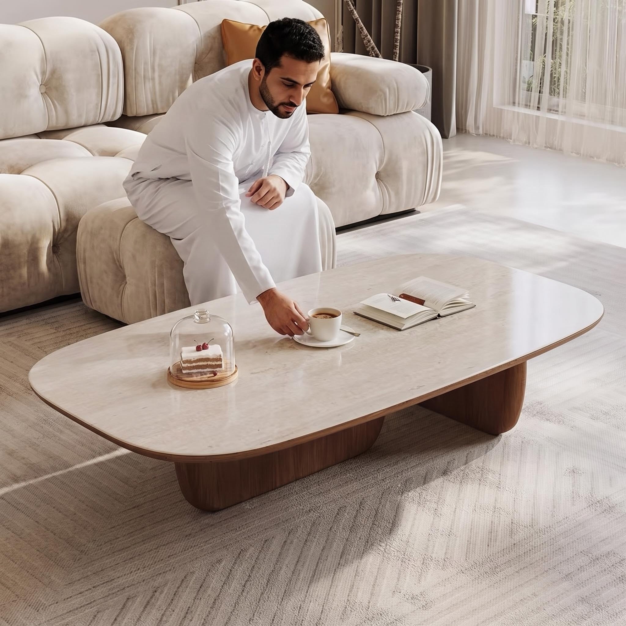 Bay Furniture Superellipse Sintered Stone Coffee Table with Walnut Cylinder Legs