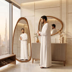 Organic Floor Mirror, Wall Mirror, Fluted Cabinet & Stool Set – Walnut | Bay Furniture