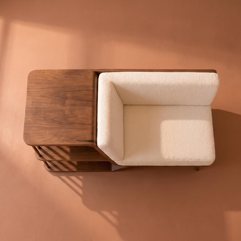 Bay Furniture Bouclé Storage Bench with Integrated Walnut Shelf Unit
