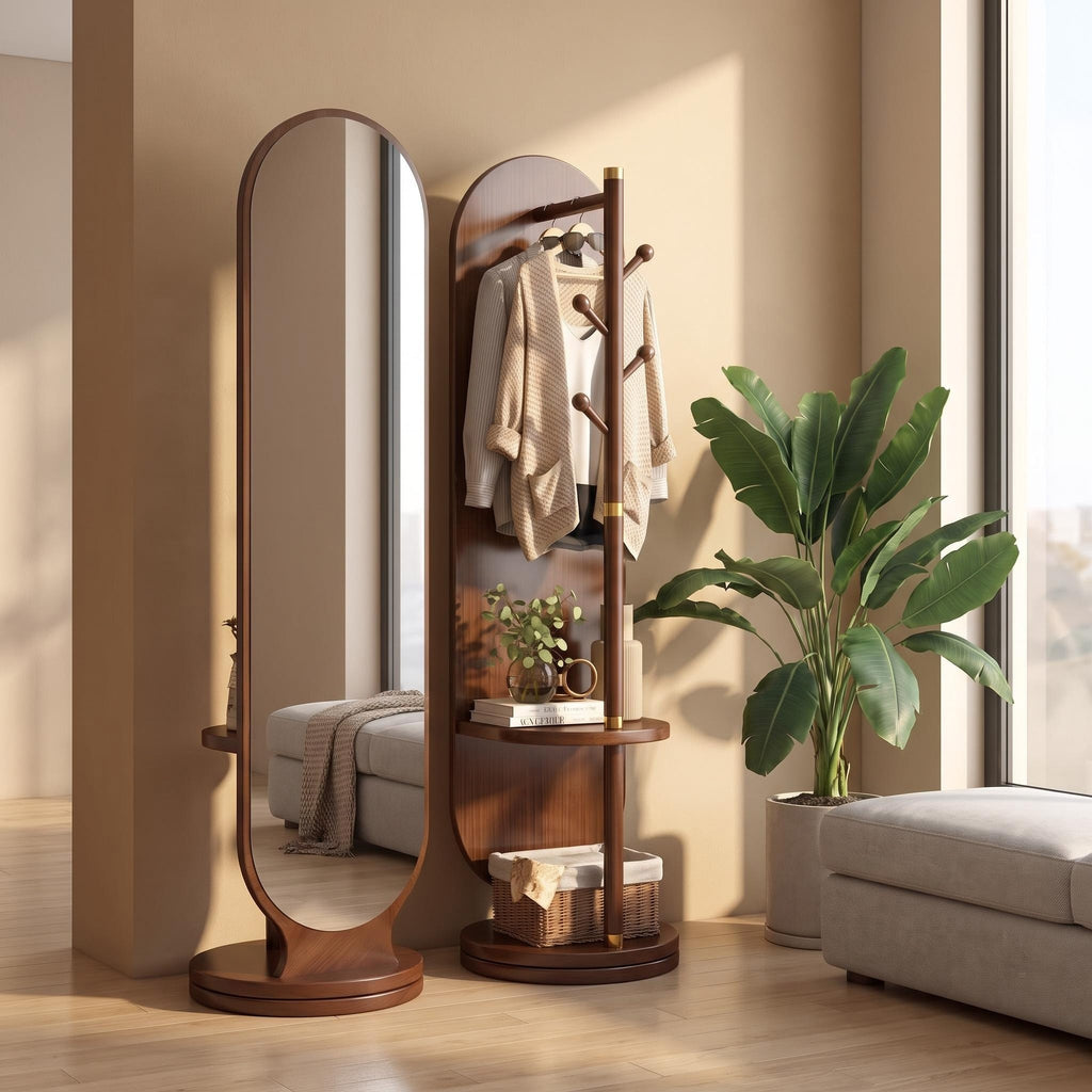 Bay Furniture Rotating Oval Mirror with Coat Rack & Shelves