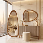 Organic Floor Mirror, Wall Mirror, Fluted Cabinet & Stool Set – Walnut | Bay Furniture