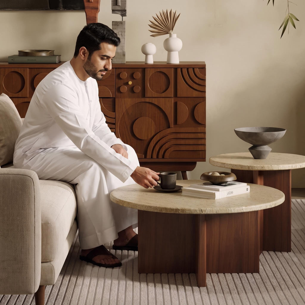 Bay Furniture Travertine Round Coffee & Side Table Set with Wide Cross-Panel Walnut Base
