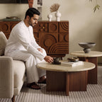 Bay Furniture Travertine Round Coffee & Side Table Set with Wide Cross-Panel Walnut Base