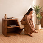 Bay Furniture Bouclé Storage Bench with Integrated Walnut Shelf Unit