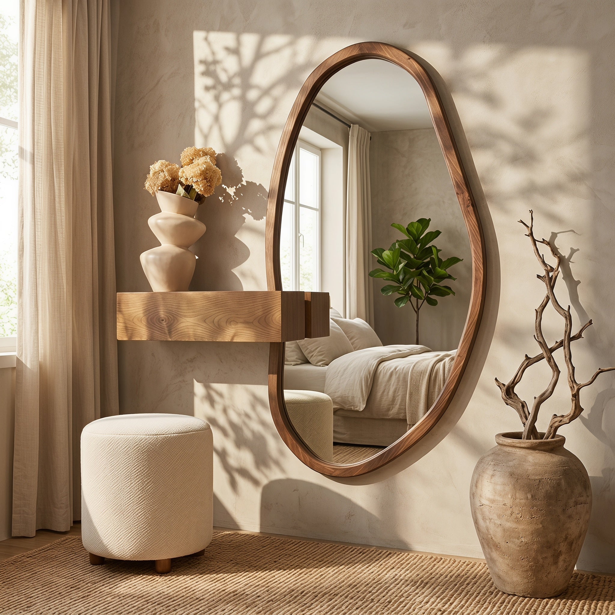 Organic Mirror, Floating Shelf & Stool Set – Walnut | Bay Furniture