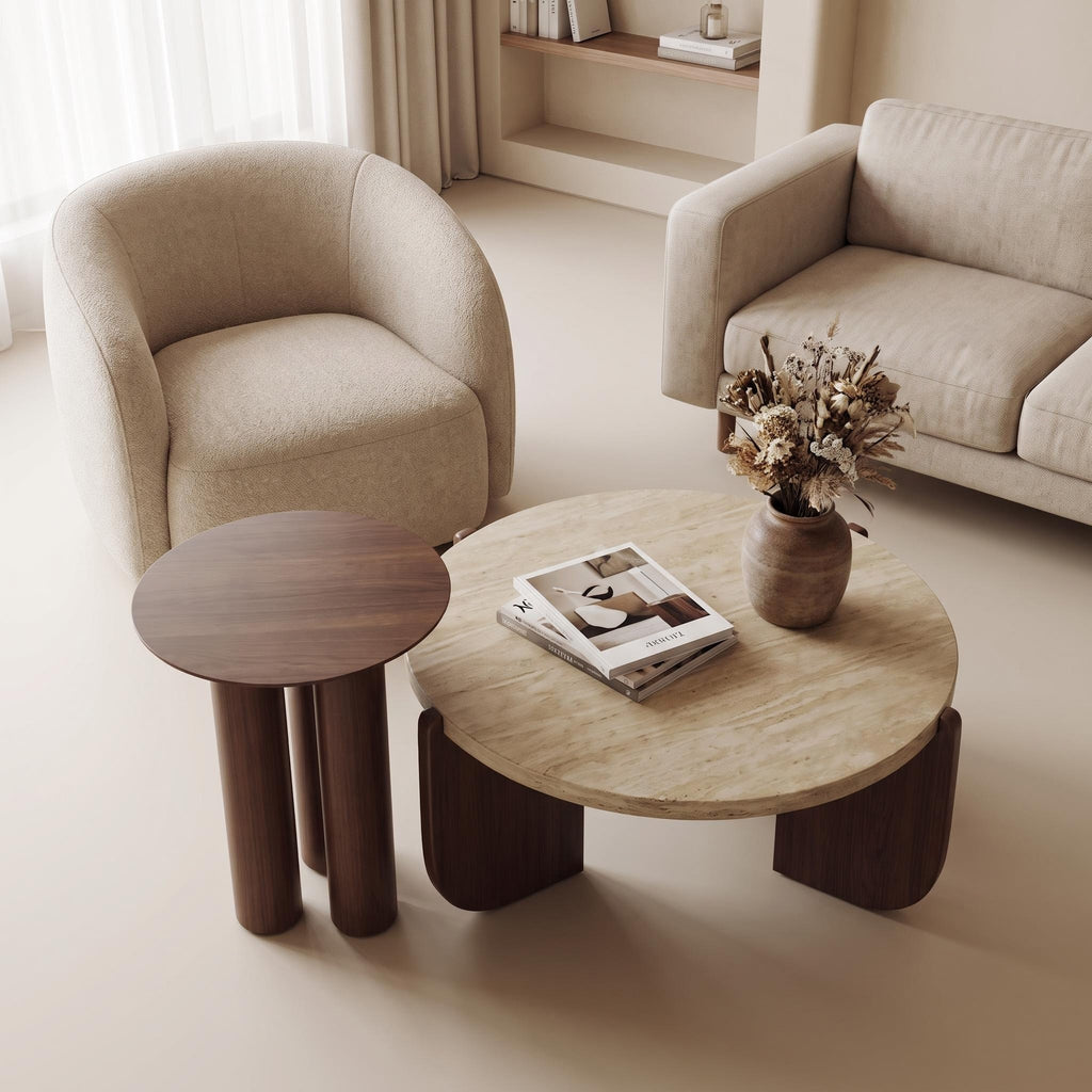 Bay Furniture Travertine Round Coffee Table & Walnut Side Table Set with Arch-Panel Base