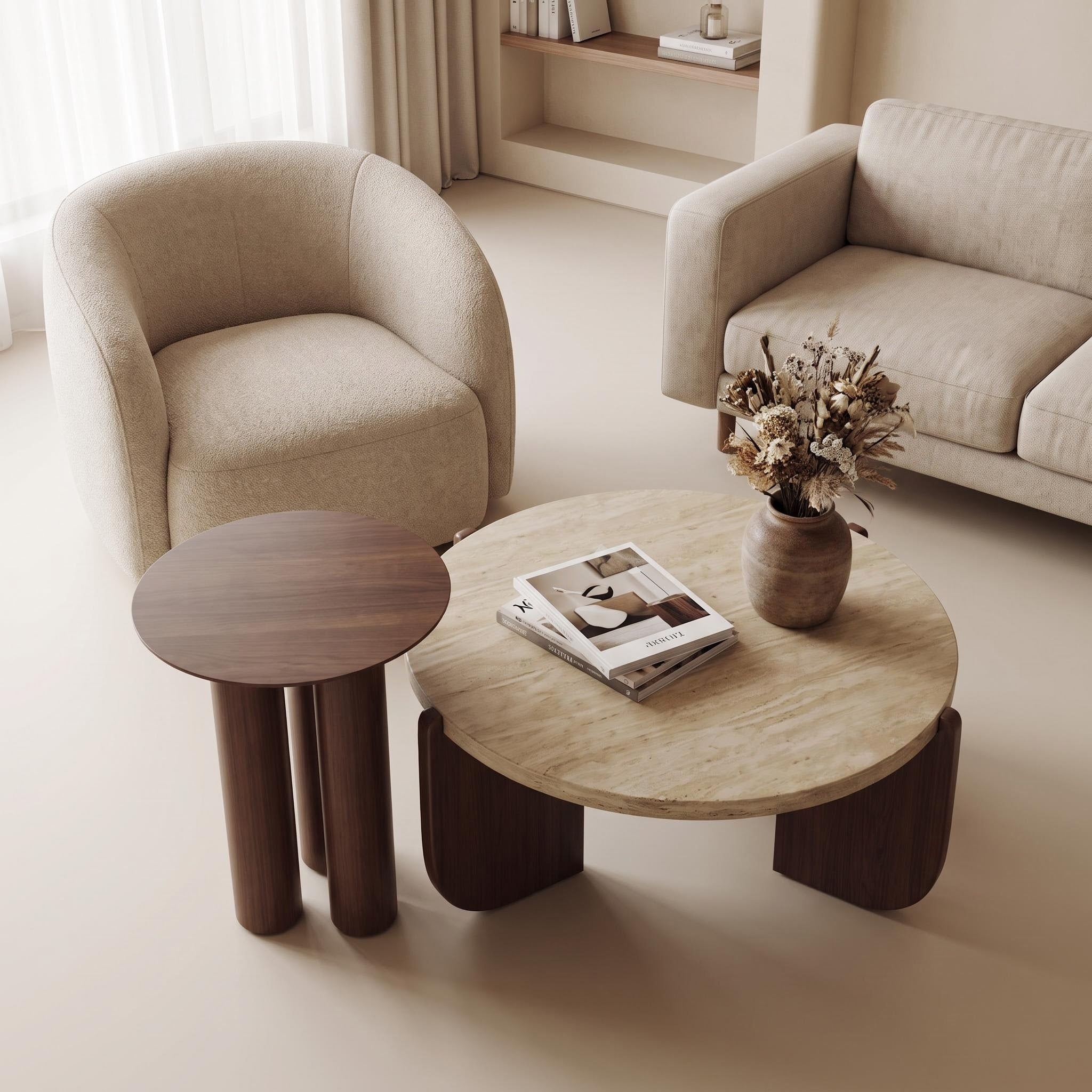 Bay Furniture Travertine Round Coffee Table & Walnut Side Table Set with Arch-Panel Base