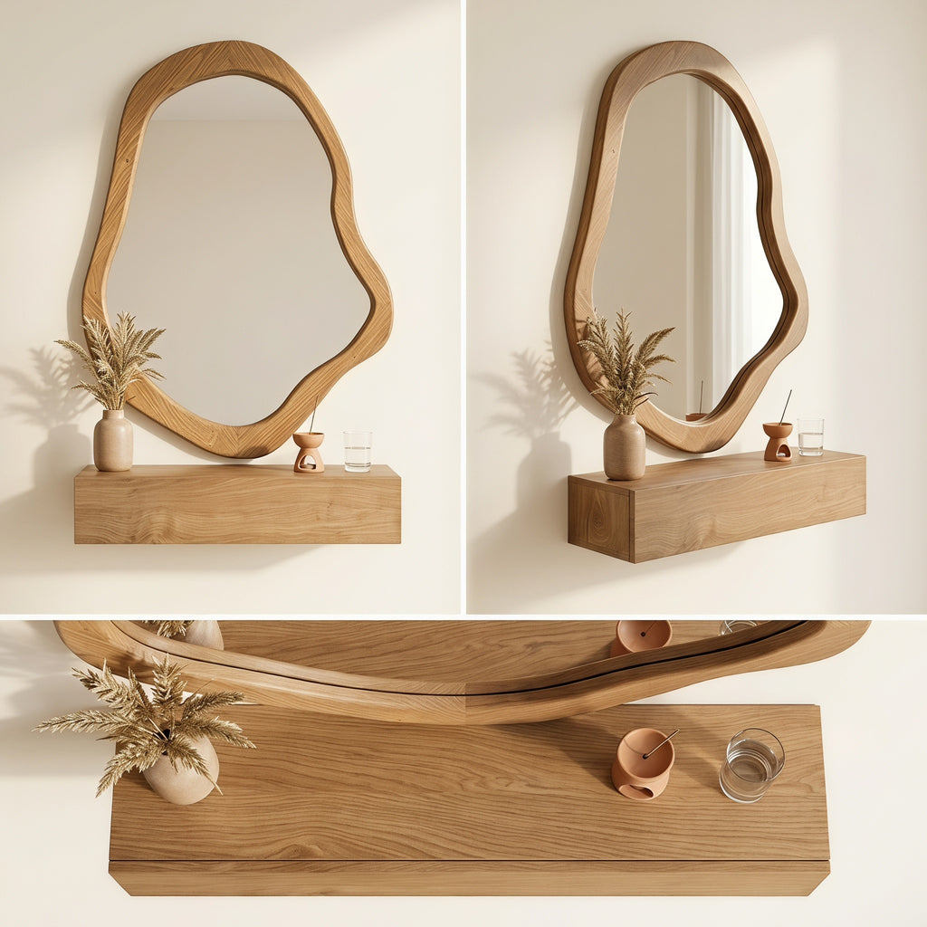 Bay Furniture Organic-Mirror Wall-Mounted Dressing Table Set with Bouclé Stool