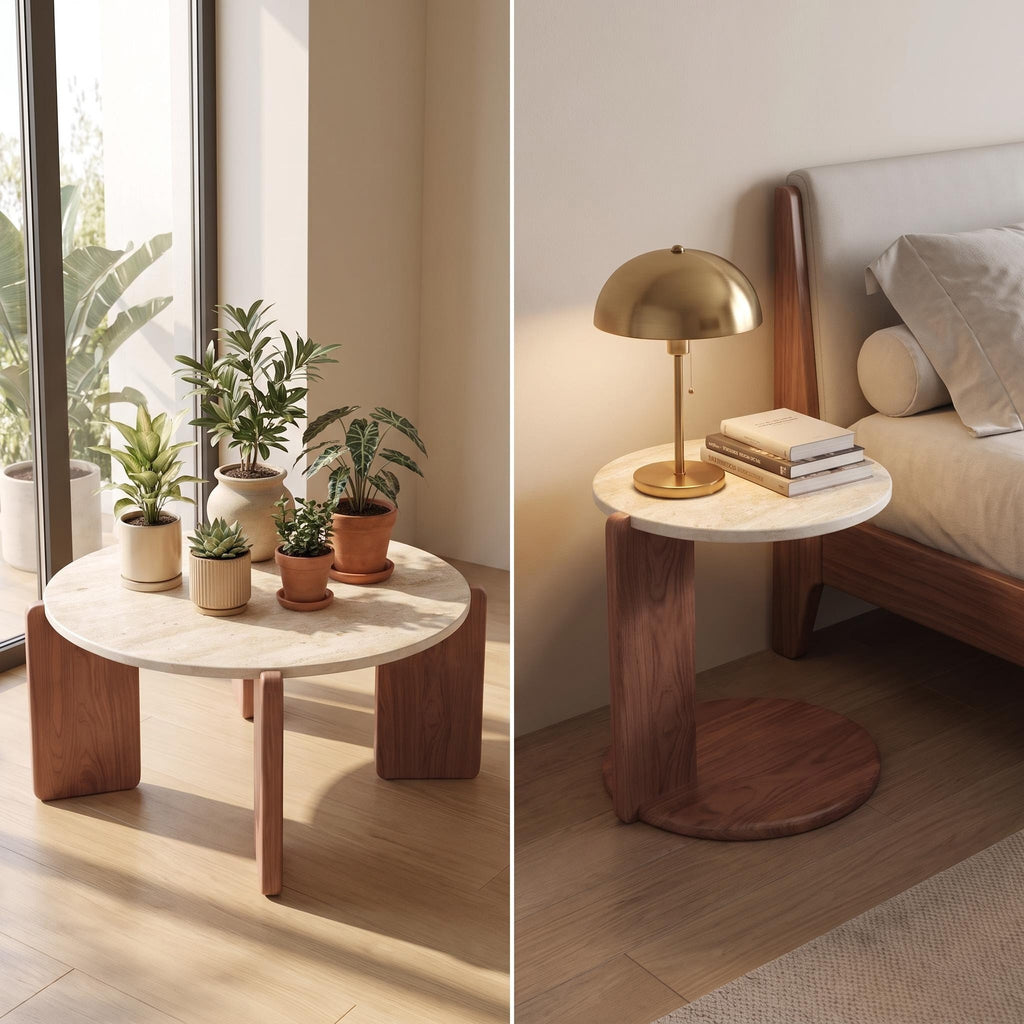 Bay Furniture Travertine Round Coffee & Side Table Set with Arch-Leg Walnut Base