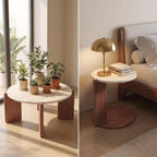 Bay Furniture Travertine Round Coffee & Side Table Set with Arch-Leg Walnut Base