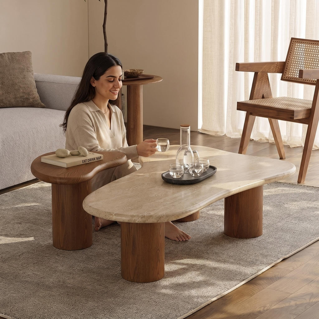 Bay Furniture Cloud-Form Travertine & Walnut Nesting Coffee Table Set
