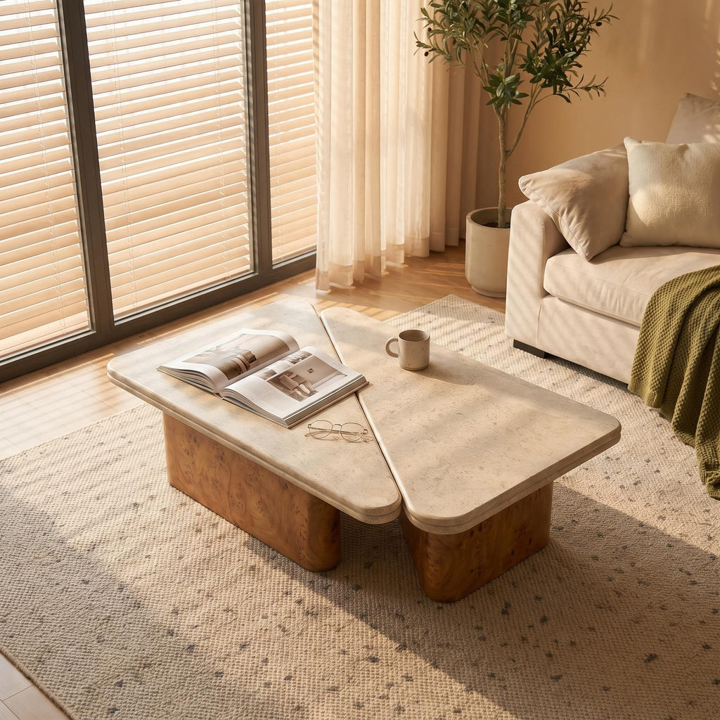 Bay Furniture Travertine Rounded-Rectangle Coffee Table Set with Burl Wood Plinth Base