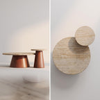 Bay Furniture Travertine Round Coffee & Side Table Set with Walnut Cone Pedestal