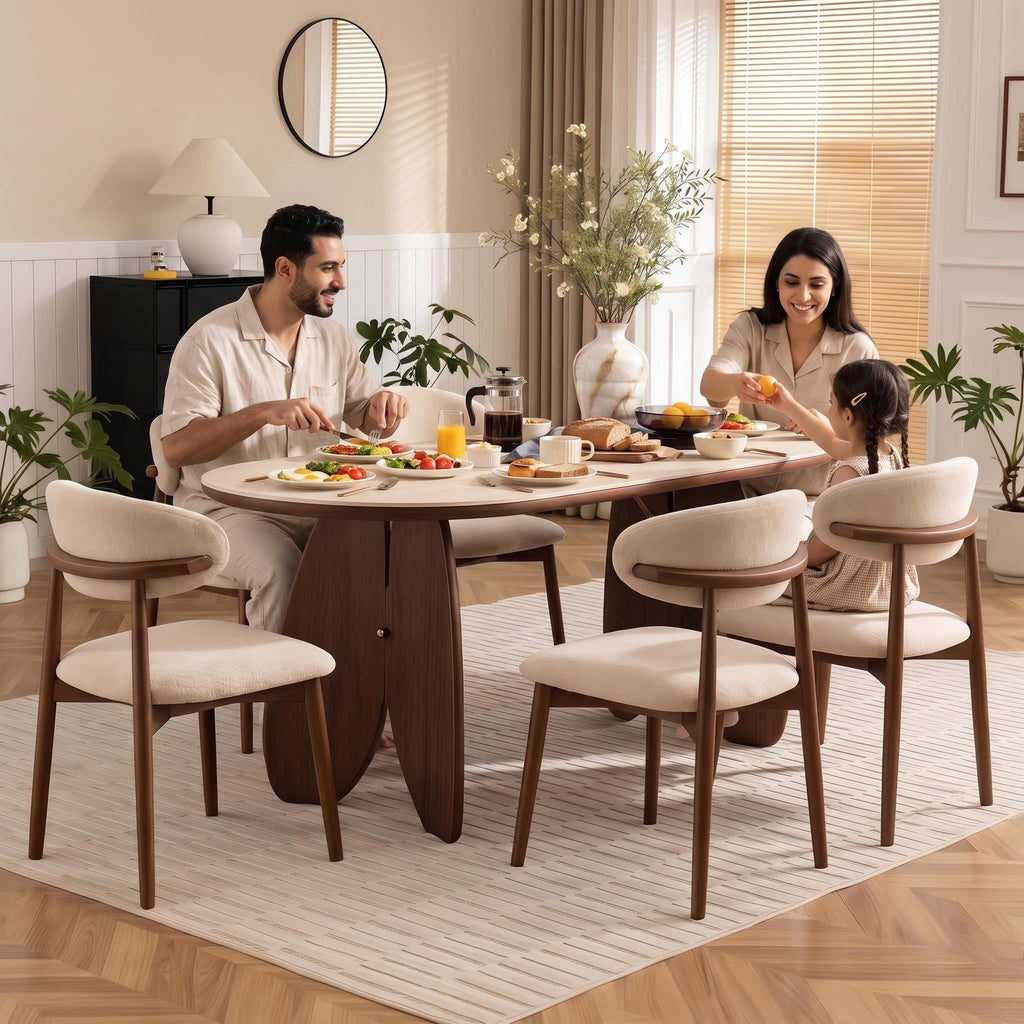 Bay Furniture Oval Stone Dining Table & Bouclé Chair Set – Petal Base