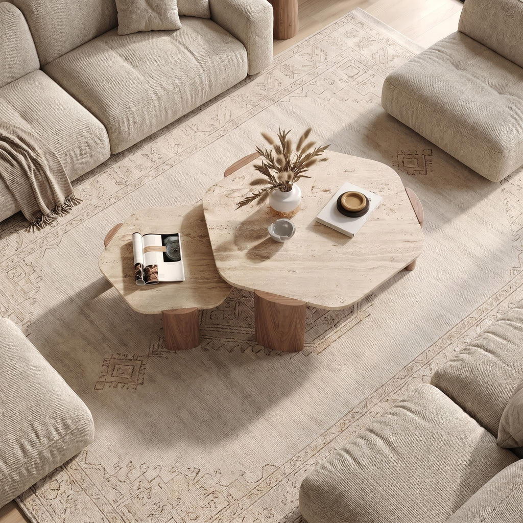 Bay Furniture Travertine Pebble-Form Nesting Coffee Table Set with Walnut Cylinder Legs