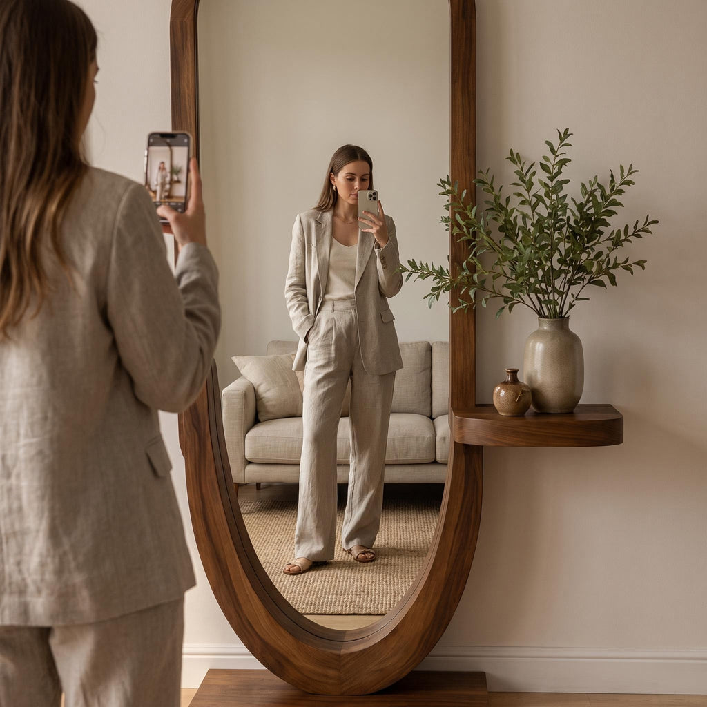 Bay Furniture Oval Standing Floor Mirror with Side Shelf