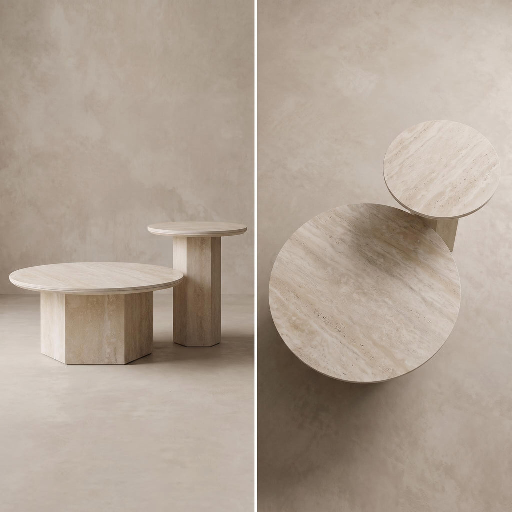 Bay Furniture Travertine Octagonal Pedestal Coffee & Side Table Set