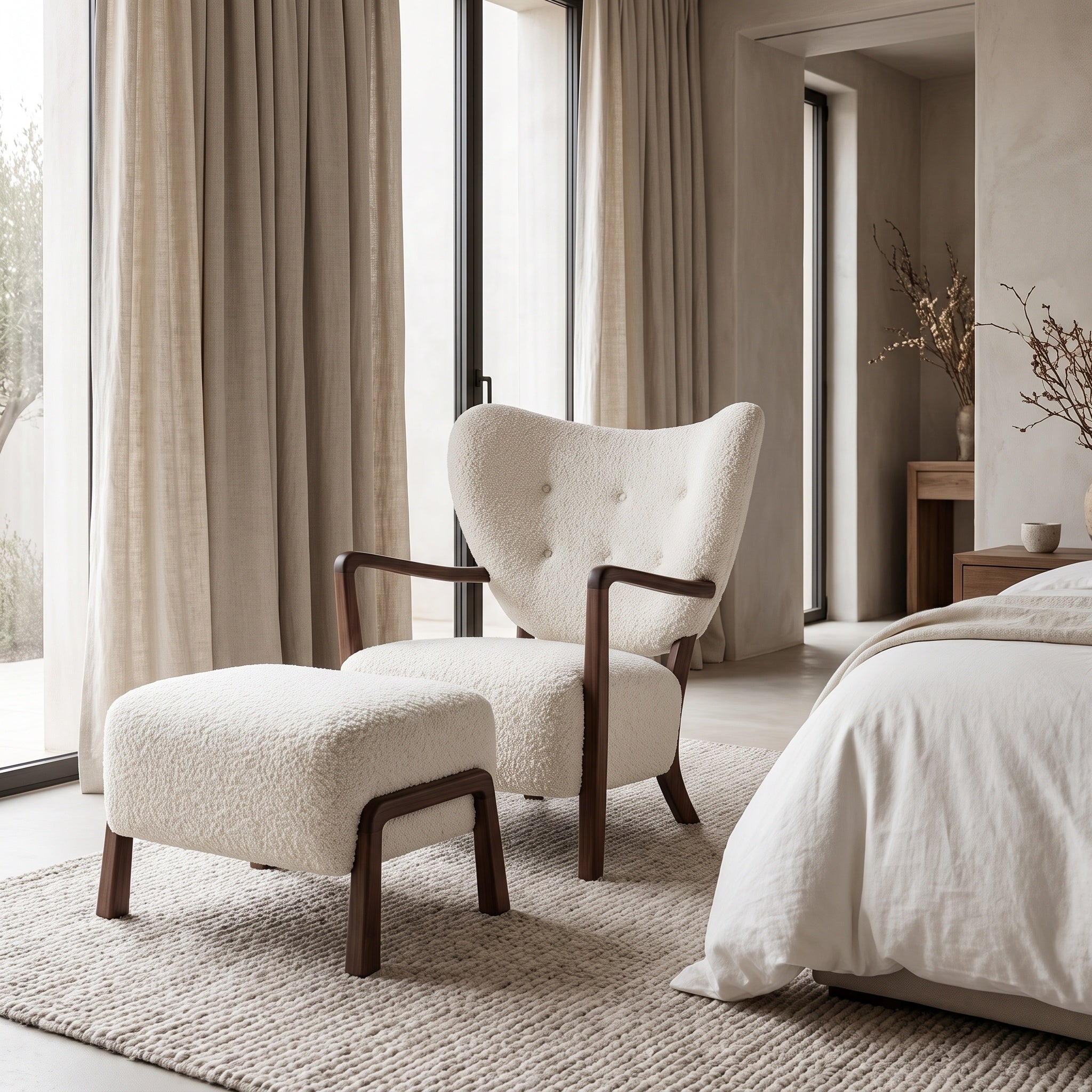 Bay Furniture Wingback Boucle Chair & Ottoman Set
