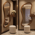 Organic Mirror, Fluted Shelf & Bouclé Stool Set – Walnut | Bay Furniture
