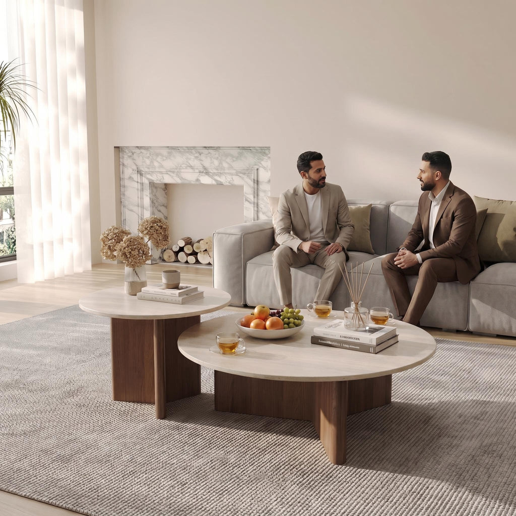 Bay Furniture Round Stone Nesting Coffee Table Set with Cross-Base Walnut Pedestals