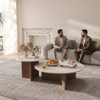 Bay Furniture Round Stone Nesting Coffee Table Set with Cross-Base Walnut Pedestals