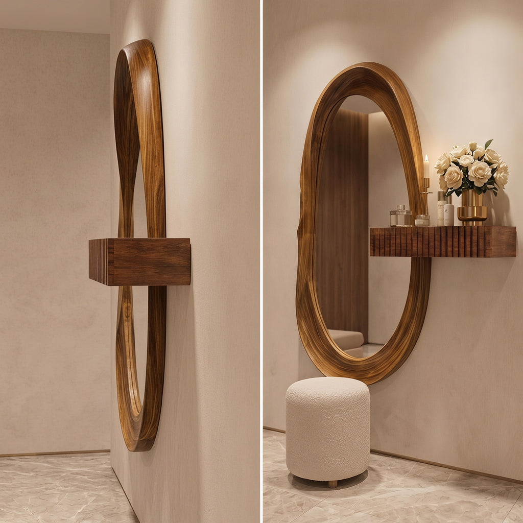 Oval Mirror with Fluted Side Shelf & Bouclé Stool Dressing Set | Bay Furniture