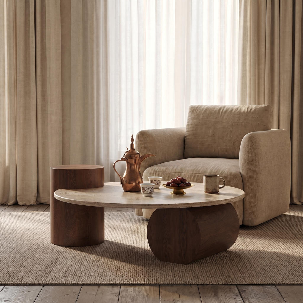 Bay Furniture Travertine Oval Coffee Table & Walnut Drum Side Table Set
