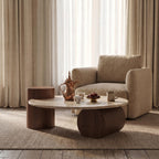Bay Furniture Travertine Oval Coffee Table & Walnut Drum Side Table Set