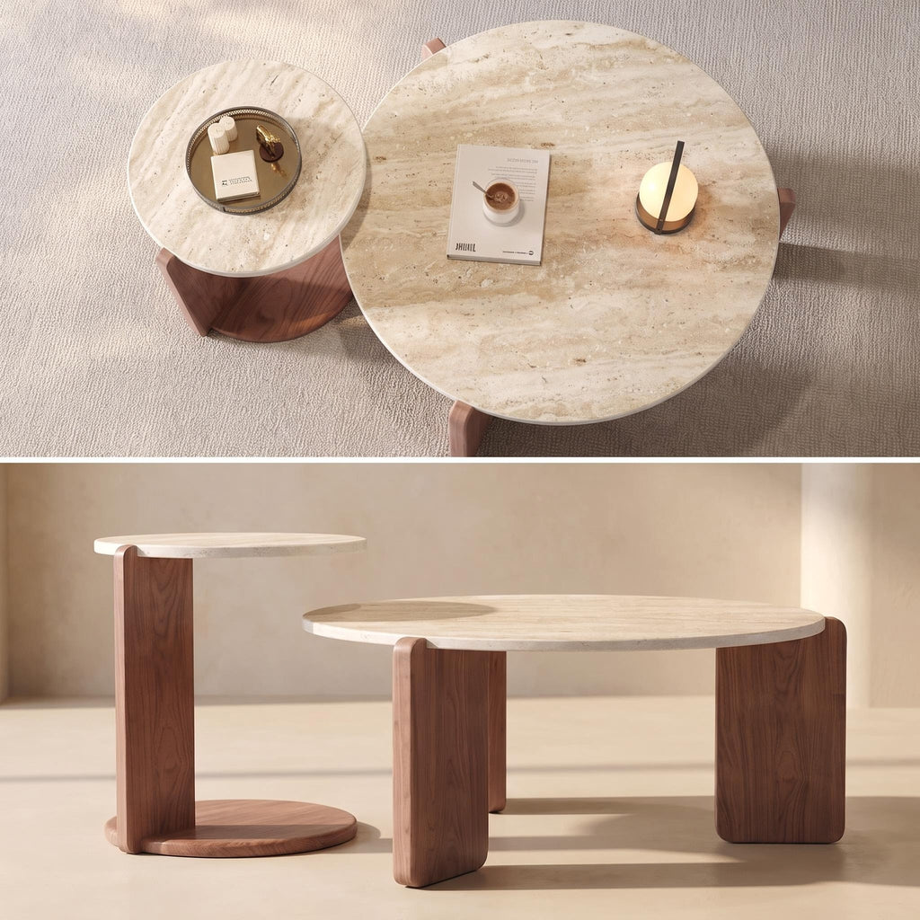 Bay Furniture Travertine Round Coffee & Side Table Set with Arch-Leg Walnut Base